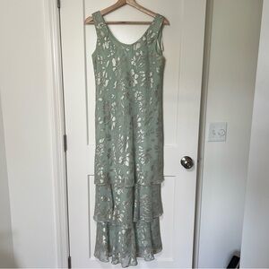 R&M Seafoam Green Blue Vintage Fairy Maxi Gown/Dress w/ Ruffles & Silver Ferns 🧚